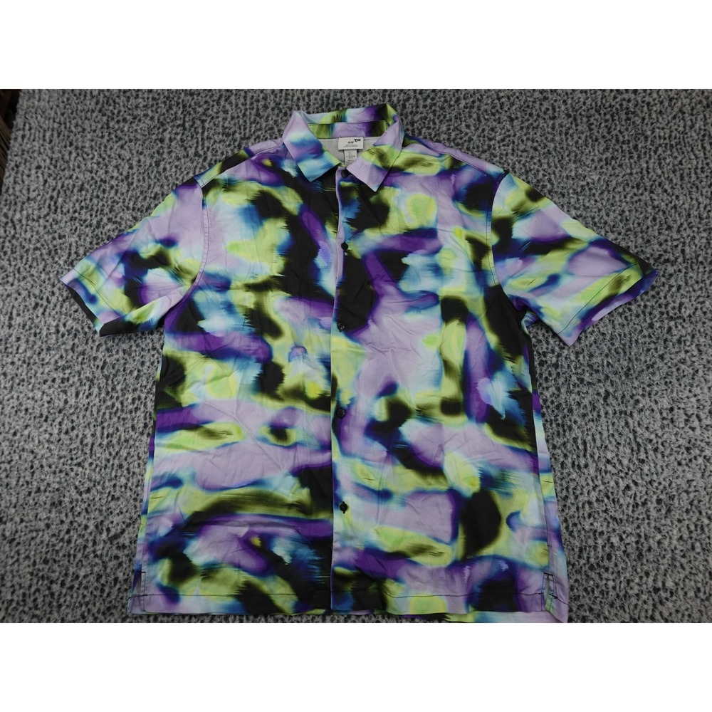 H&M‎ Button Down Shirt Mens L Purple Green Abstract Lyocell Short Sleeve